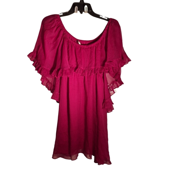 Free People Semi Sheer Babydoll Ruffle Dress Hot Raspberry Boho Romantic Angel - Picture 2 of 5